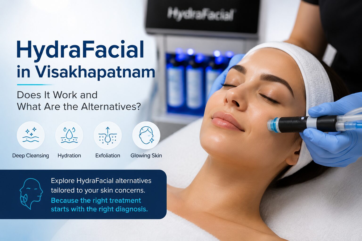 HydraFacial treatment in Visakhapatnam showing a woman receiving a facial treatment with a HydraFacial device